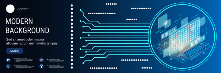 Digital technology banner vector design template. Information processing, data computing flat 3d isometric concept