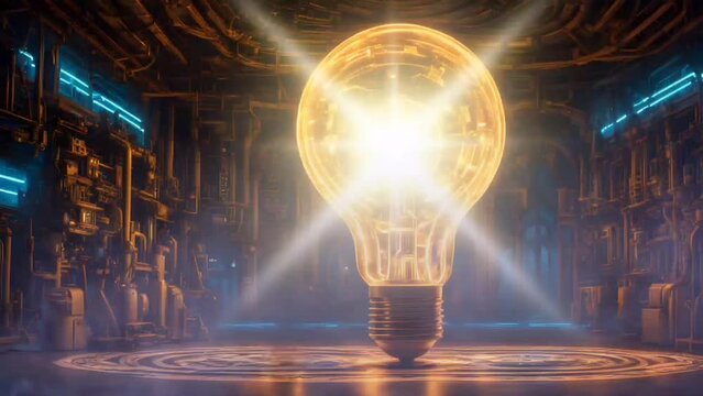 Big lightbulb in a futuristic interior. Seamless looping time-lapse 4k video animation background