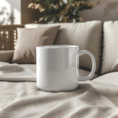Fototapeta na wymiar white mug mockup in living room setting --ar 1:1 --stylize 250 --v 6