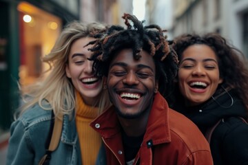 Group of friends laughing and having fun together. They are walking down the street.