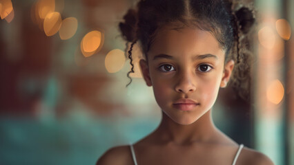 A young African American ballerina or dancer posing after a lesson.