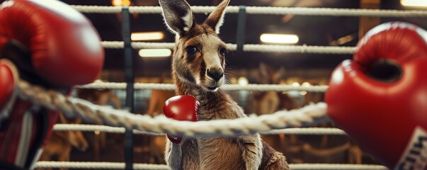 A kangaroo in a boxing ring wearing gloves looking bewildered at its own reflection in a mirror