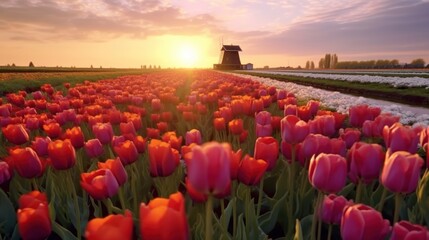 Landscape with windmills in a tulip field.AI generated image