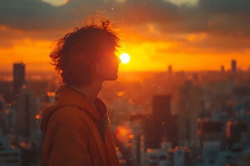 Naklejka premium Urban Sunset Contemplation: Backlit Figure