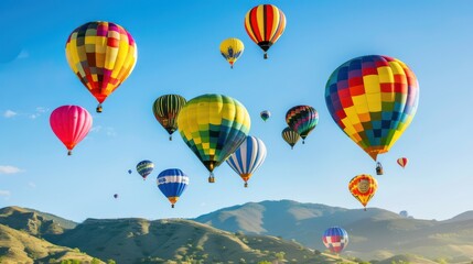 Fototapeta premium Colorful hot air balloons on a beautiful mountain background