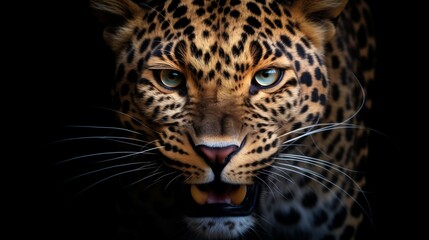 Intense gaze of a leopard's mouth up close against a deep black backdrop.