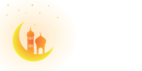 Ramadan and Eid, Islamic religious festival celebration, crescent moon and mosque, Muslim holy month, white and golden yellow background design, copy space for text © RanjanaK