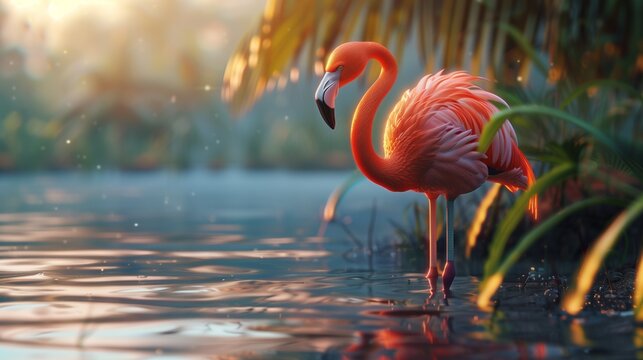 Tranquil image of a flamingo standing in serene waters surrounded by the beauty of nature, ideal for 4K wallpaper.