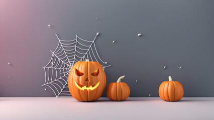 A spider web is on the wall and three pumpkins are on a table