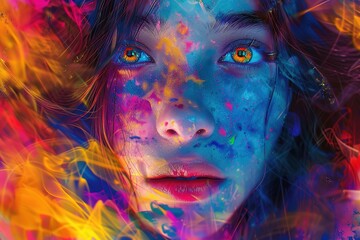 Close-up portrait of a beautiful girl with multicolored paint on her face, Ai Generated