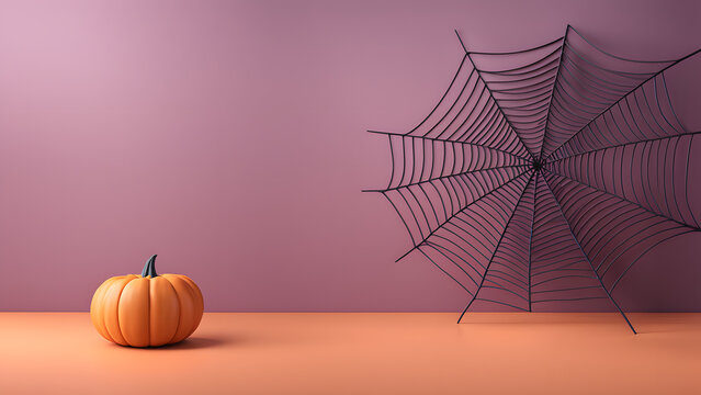A pumpkin is on a table next to a spider web