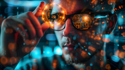  Close up of man wearing glasses holding bitcoin, in the style of hologram background, cyberpunk them cryptocurrency