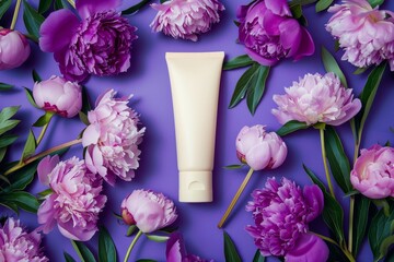 Mockup featuring an unbranded white tube of cosmetics against a lush background of purple and pink peonies. Ideal for branding presentations and visual packaging design
