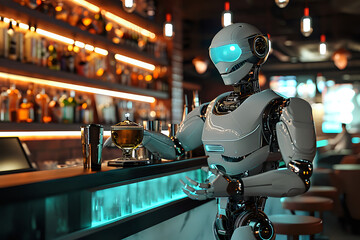 robot works as a waiter in the modern nice cafe, blurred background. Artificial intelect in future life. AI Generated	