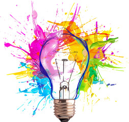 Colorful paint splashes around a light bulb