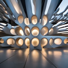 A modern art installation featuring rotating elements that create dynamic patterns of light and shadow, transforming the space3