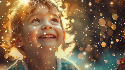 World Children's Day concept. Photo portrait of happy baby boy seeing to the up