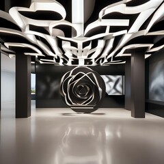 A modern art installation featuring rotating elements that create dynamic patterns of light and shadow, transforming the space4