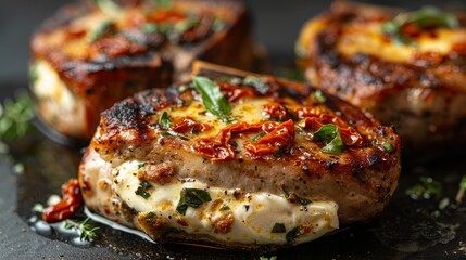 Grilled stuffed pork chops with mozzarella and sun-dried tomatoes, close-up in studio, emphasizing the juicy interior and crispy crust, isolated backdrop