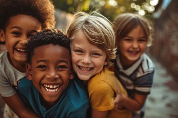 Group of happy multiethnic children looking at camera and smiling while standing outdoors