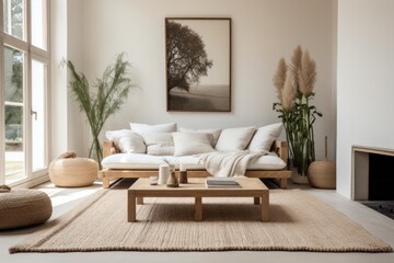 Fototapeta premium Flecked jute and cotton rug room architecture furniture