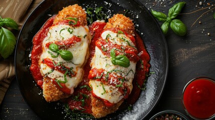 Gourmet top view of breaded chicken stuffed with mozzarella, draped in marinara and more cheese, isolated setting with studio lights - obrazy, fototapety, plakaty