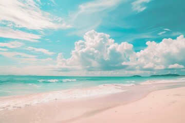 Beautiful tropical beach with blue sky and white clouds abstract texture background. Copy space of summer vacation and holiday business travel concept. Vintage tone filter - generative ai - obrazy, fototapety, plakaty