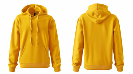 Yellow hoodie with a blank front and back view, mockup, white background. - obrazy, fototapety, plakaty
