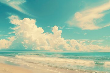 Beautiful tropical beach with blue sky and white clouds abstract texture background. Copy space of summer vacation and holiday business travel concept. Vintage tone filter - generative ai - obrazy, fototapety, plakaty