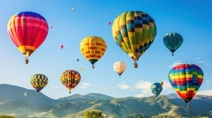 Colorful hot air balloons on a beautiful mountain background