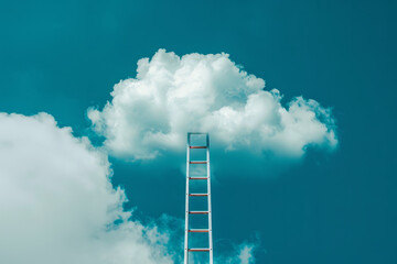 A ladder reaching up to a cloud, symbolizing cloud computing advancement - obrazy, fototapety, plakaty