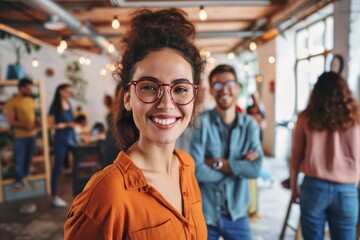 Portrait of a beautiful young woman in glasses looking at camera while standing in creative office