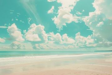 Beautiful tropical beach with blue sky and white clouds abstract texture background. Copy space of summer vacation and holiday business travel concept. Vintage tone filter - generative ai - obrazy, fototapety, plakaty