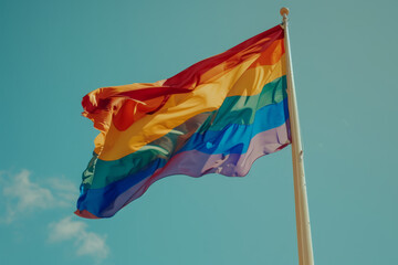 Pride Flag Waving Against Clear Blue Sky - obrazy, fototapety, plakaty