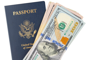 Fototapeta premium US passport with money. USA 100$ bill. United States passport for travel and hundred dollar note. Immigration and travel US identification. Cash and document for international travel. 100 dollar paper