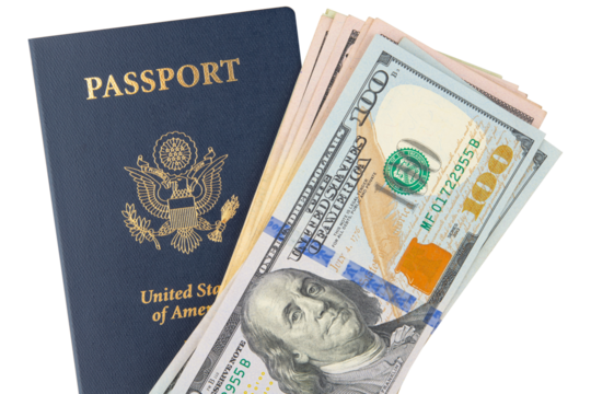 US passport with money. USA 100$ bill. United States passport for travel and hundred dollar note. Immigration and travel US identification. Cash and document for international travel. 100 dollar paper