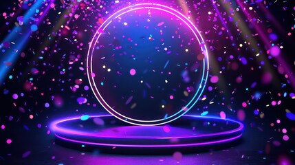 Neon podium for product presentation with disco explosion