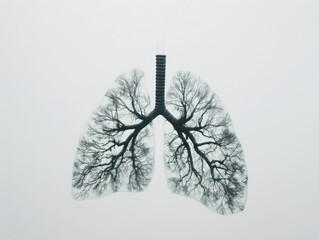 A stark white backdrop with a pair of lungs illustrated using tree branches, symbolizing the need for clean air - obrazy, fototapety, plakaty