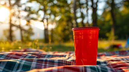 Close-up of a classic red solo cup at a simple picnic.