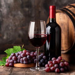 Obraz premium Red Wine Bottle and Glass with Vineyard Grapes - Cellar Aged, Winemaking Tradition