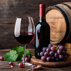 Red Wine Bottle and Glass with Vineyard Grapes - Cellar Aged, Winemaking Tradition