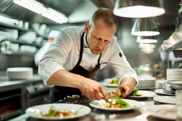 Portrait of a male chef in a bustling restaurant kitchen, passionately creating a dish - obrazy, fototapety, plakaty