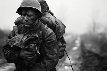 a soldier carries his wounded freiend on his back during worl war 2
