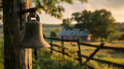 Close-up of an old farm bell with a soft focus farm landscape in the background - obrazy, fototapety, plakaty