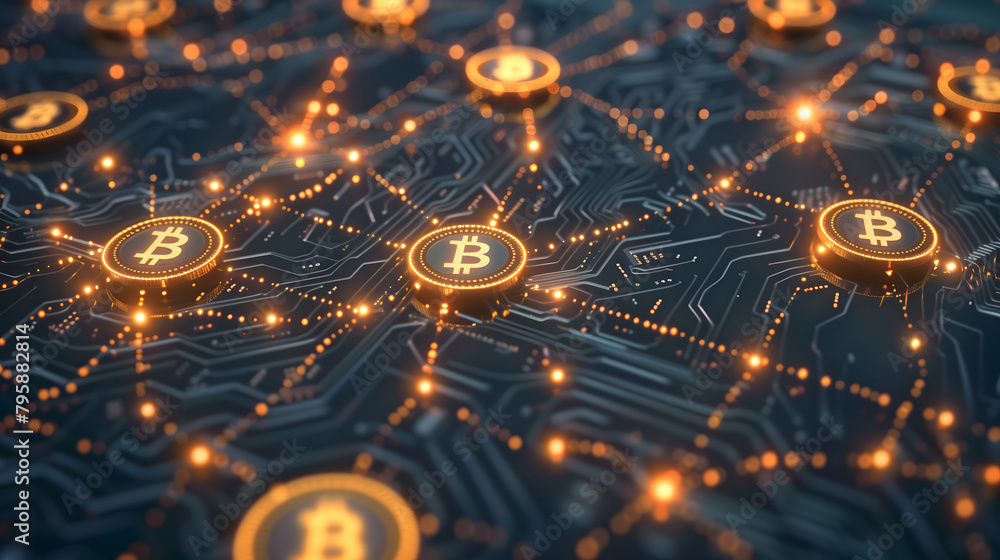 Poster complex network of bitcoin symbols on a circuit board, illuminating the intricate, interconnected na