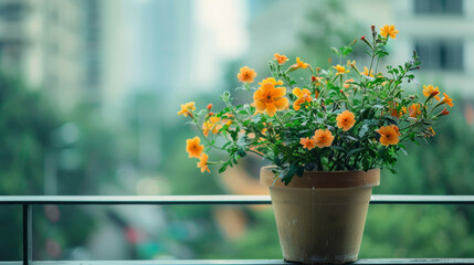 A simple flower pot with blooming flowers, with a blurred urban balcony - obrazy, fototapety, plakaty