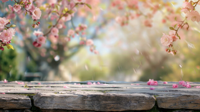 Empty Old Stone Table with Blurred Spring Theme in Background, Perfect for Product Display.