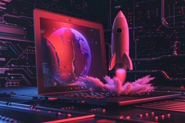 laptop with fat rocket coming out of the screen - obrazy, fototapety, plakaty