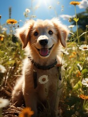 Whimsical wonder: adorable animation brings to life a cute and funny golden retriever puppy in a charming cartoon adventure full of playful antics and heartwarming moments.
