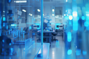 A medical laboratory blurred entirely, with faint glows of equipment screens, capturing scientific endeavor